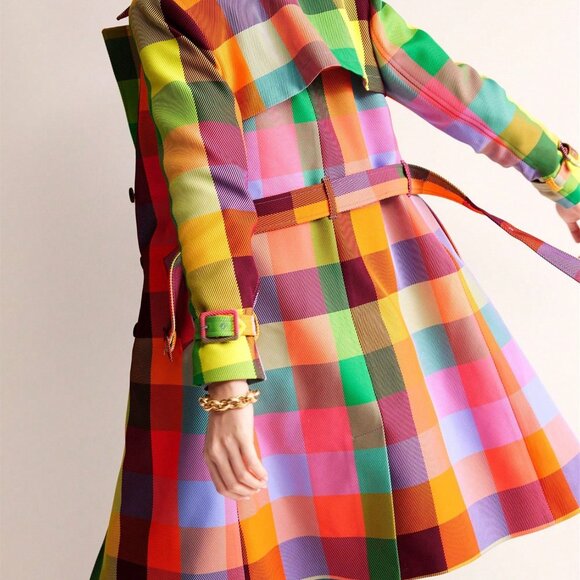 Multicolor Casual Elegant Women's Plaid Double Breasted Trench Coat with Pockets - Picture 2 of 8